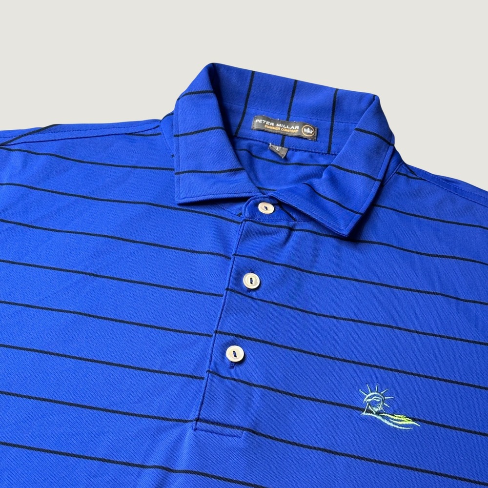 Peter Millar Polo Mens L Summer Comfort Blue Striped Liberty National Golf Cup